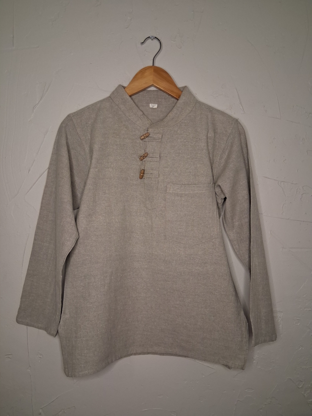 Boho Cotton Pullover Shirt Toggle Buttons Gray Long Sleeve Pocket Size Sm